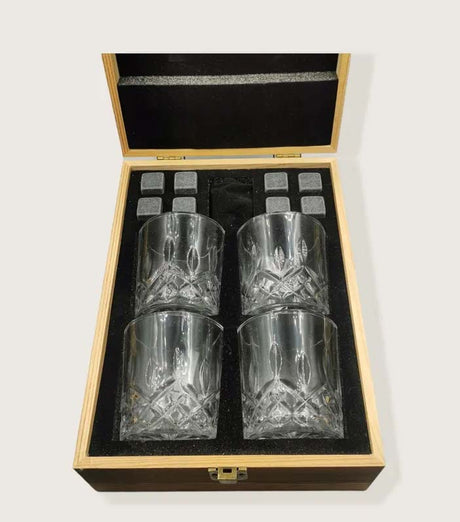 ARMED FORCES ENGRAVED WOODEN BOX WHISKEY SET 4 GLASSES